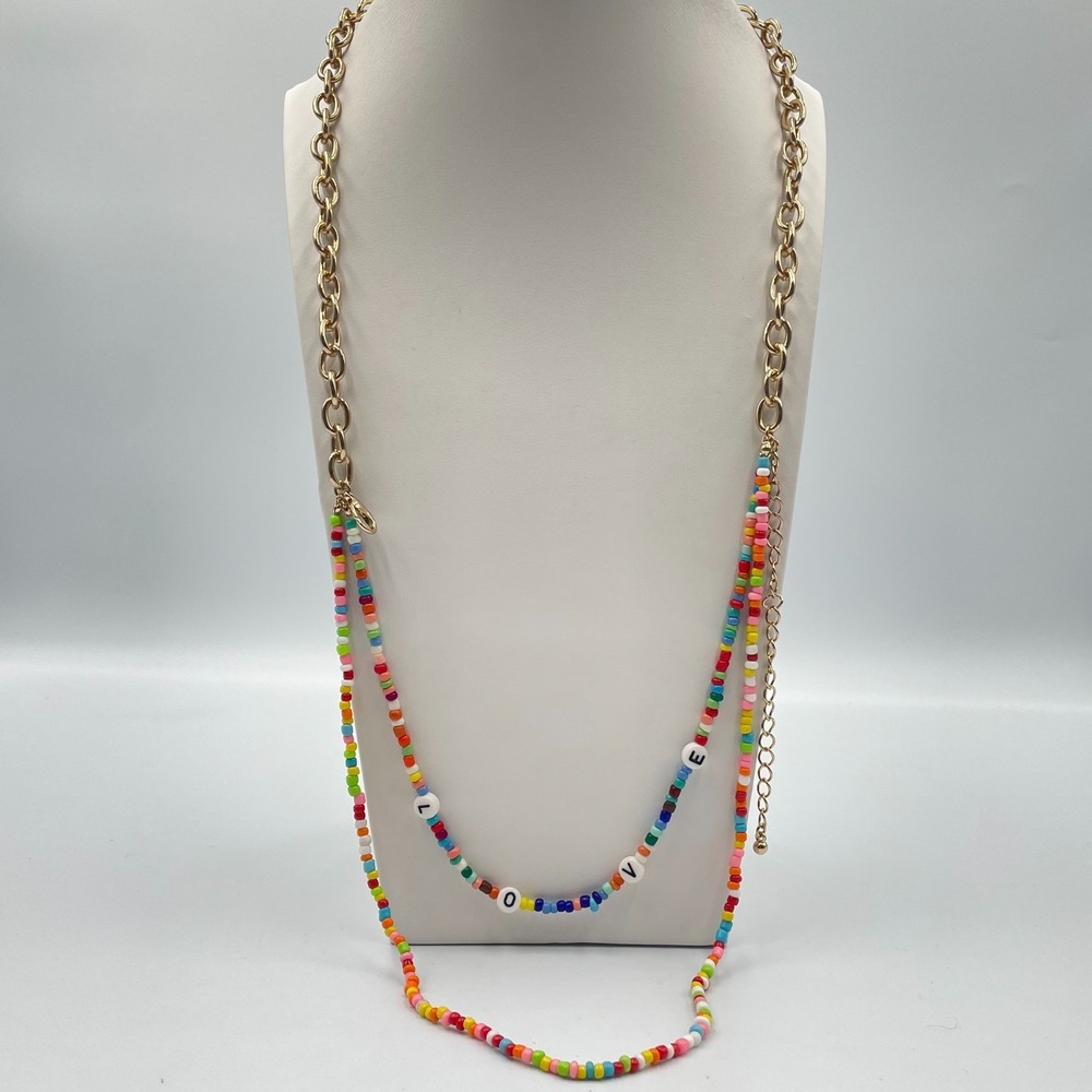 Vintage Y2K Boho Rainbow Seed Bead LOVE Letter Layered Gold Tone Chain Necklace